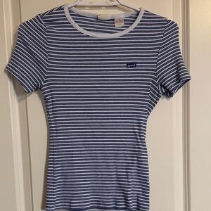 Levi's Women's White and Blue Striped Crew Neck Tee